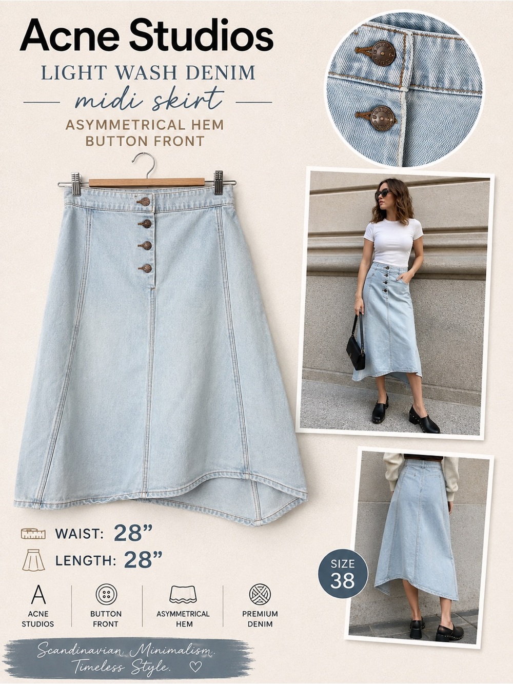 Acne Studios Light Wash Denim Midi Skirt Asymmetrical Hem Button Front Size 38
